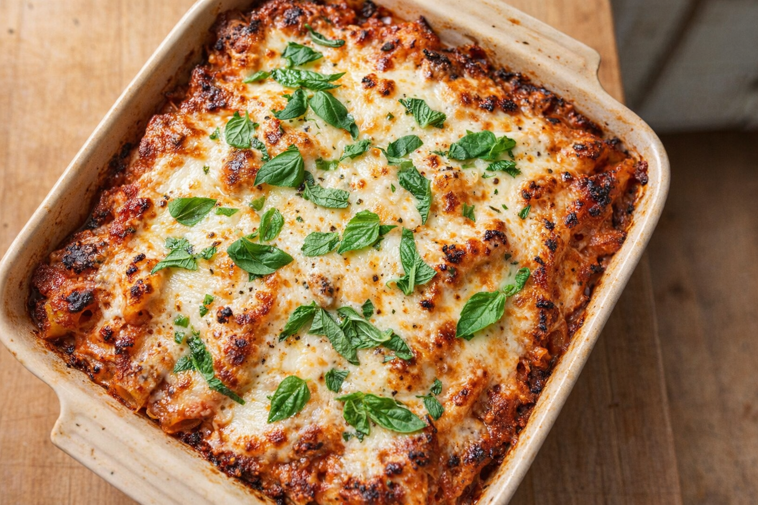 A top-down, brightly lit shot of a freshly baked ziti dish, bubbling cheese, browned edges, garnished with fresh basil